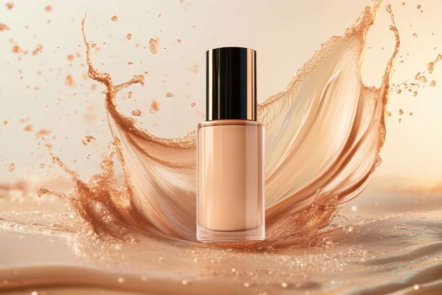 Luxury foundation bottle with dynamic splash showing how to apply foundation smoothly