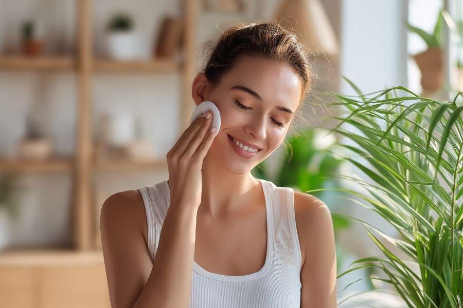 Smiling young woman cleansing her face with a cotton pad, part of her Morning skincare routine.